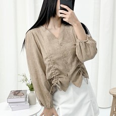 PEONIST V領抽繩抓皺鈕扣罩衫