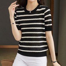 아뗄릭 여성용 빅사이즈 스트라이프 배색 라운드 반팔 니트 14231