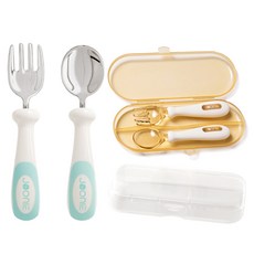 주니 PPSU 자기주도 이유식 스푼 +이유식 포크 + 스테인레스 스푼 + 스테인리스 포크 + 케이스 2p 세트, 그린, 1세트