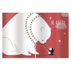 日式短門簾 小熊與企鵝, 紅色
