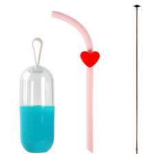 無感攜帶愛心矽膠吸管 + 刷子 3件組 淺粉色, 1個裝, 1組