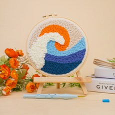 아트조이 DIY 펀치 니들 자수 + 4단 바늘 + 나무 받침대 세트, 1세트, 파도