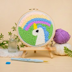 아트조이 DIY 펀치 니들 자수 + 4단 바늘 + 나무 받침대 세트, 1세트, 레인보우 유니콘