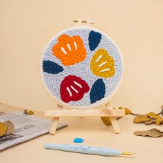 아트조이 DIY 펀치 니들 자수 + 4단 바늘 + 나무 받침대 세트, 1세트, 빈티지 플라워