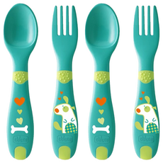 Chicco 幼兒學習叉匙組, 12個月以上適用, 人體工學防滑握把, Spoon, Fork, Aqua, 2組