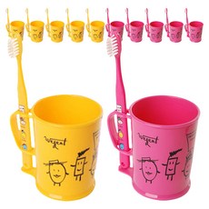 加寬雙人牙刷杯2p+牙刷2p套組粉色+黃色3-5歲, 6組