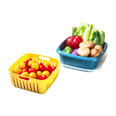 北歐簡約時尚 保鮮雙層雙色瀝水籃 - 多功能廚房瀝水保鮮籃 帶蓋保鮮, 22 x 22 x 11cm, 黃色, 1個