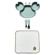 CHING-CHING 親親 螃蟹兒童矽膠餐具三件套組, 軍綠色, 1個造型餐盤、1個湯匙、1個叉子、1條紗布方巾, 1組