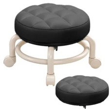 滑輪矮凳 圓凳款, PU皮革, 黑色, 1個