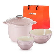 LE CREUSET Gourmet 飯湯碗3件組 + L號購物袋, 雪紡粉, 飯鍋 2L + 飯碗 + 湯碗 + L號購物袋, 1套