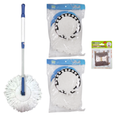 SUSU 舒舒 金好拖拖把4件組 輕鬆省力 居家清潔好幫手, 拖把120cm + 布盤40cm 2個 + 收納掛勾8 x 8 x 4.5cm, 1組