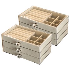 透明絨布 抽屜飾品首飾珠寶收納盒 3層, 2個, 米色