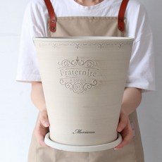 MORIANN 復古文字印花塑膠花盆+圓形底座組, 米色