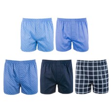 BASE ALPHA ESSENTIALS 男款棉質寬鬆四角褲 5件組, L, 深藍印花款 + 深藍格紋款 + 藍色點點款 + 藍色印花款 + 淺藍菱格款