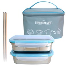 Big 不鏽鋼2層一般便當盒 + 不鏽鋼真空筷 + 保溫保冷袋, 灰色, L(不銹鋼餐盒+不銹鋼筷子+保溫袋), 1套