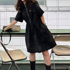 Paperments 休閒翻領拉鍊抽繩連身裙 22124 含大尺碼, 黑色