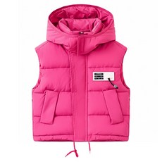 兒童款秋冬羽絨棉連帽背心, 140, 玫紅色