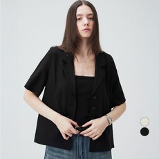 ELLEPARIS 여성용 소프트 린넨 노치드 라펠 숏 슬리브 자켓