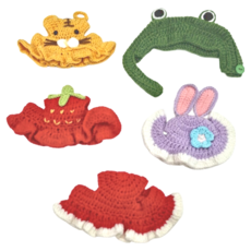 寵物編織帽 Set 適用於小型貓狗 M, 紫星露露兔帽 + 黃老虎帽 + 深綠蛙頭套 + 紅草莓帽 + 紅白邊帽, 1組