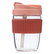 雙飲彈蓋吸管玻璃咖啡杯 - 胭脂粉 小號 高硼矽玻璃/環保PP/無毒矽膠, 350ml, 1個