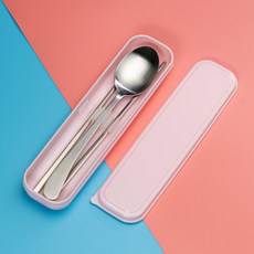 RAONNURI 攜帶式餐具固定收納盒 L號+湯匙+筷子, 粉色, 1組