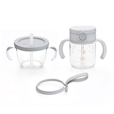 Richell 利其爾 Axstars吸管彈蓋式水杯 200ml+吸管杯 150ml+吸管杯束帶組, 1組, 淺灰色