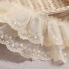 法式歐根紗雙層皺褶邊刺繡蕾絲布 8.5*220cm, 奶油象牙白
