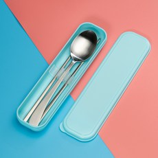 RAONNURI 攜帶式餐具固定收納盒 L號+湯匙+筷子, 藍色, 1組