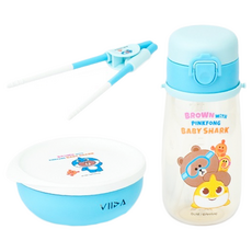 VIIDA 熊大和碰碰狐鯊魚寶寶快樂上學組, 寶貝藍, 不鏽鋼餐碗 + 學習筷 + 兒童水壺, 1組