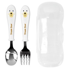 kitchen U 兒童小熊便利不鏽鋼3件組, 1套, 白色, 湯匙 + 叉子 + 收納盒