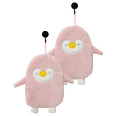 企鵝超吸水珊瑚絨擦手巾 深粉色 珊瑚絨材質 超吸水 柔軟舒適 可愛造型 掛繩設計 方便收納, 2條, 1入