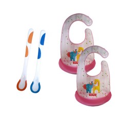 fisher-price 費雪 可拆式動物印花吃飯圍兜 2個+感溫湯匙 2支, 1組, 粉色(圍兜)
