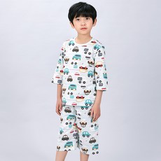 Kidsline 青少年學生汽車圖案棉質7分緹花內衣上下套組