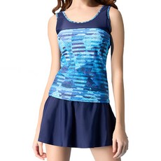 Summer love 夏之戀 長版二件式泳衣 長版上衣 + 褲連裙 + 泳帽 附活動式罩杯, 藍色