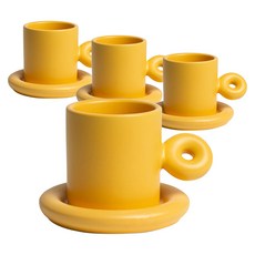 파스텔 링 도넛 카페 커피잔 + 소서 세트, 옐로우, 4세트