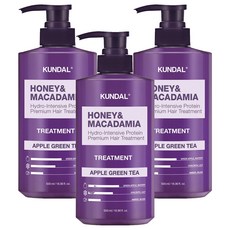 KUNDAL 昆黛爾 蜂蜜澳洲堅果保濕護髮乳 蘋果綠茶香, 500ml, 3瓶
