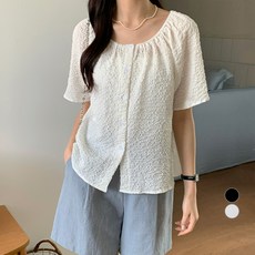 afinar 女款半短版抓皺鬆緊帶泡泡紗短袖上衣