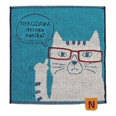 kUSUgURU JAPAN 日本眼鏡貓 NEKOZAWA貓澤系列 推眼鏡款絨毛刺繡提花毛巾手帕, 藍色, 1條