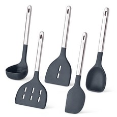 Le made Essential 304不鏽鋼矽膠廚具5件組, 深炭灰色, 1套, 湯勺 + 鍋鏟 + 寬版鍋鏟 + 刮刀 + 料理勺
