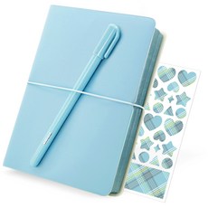 RIHOON 綁帶日記本+格紋貼紙+原子筆, 淡藍色