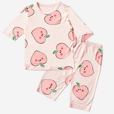 Uni FRIend 童款粉色水蜜桃圖案人造絲7分袖上衣長褲組