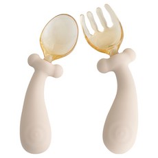 AttiRabbit 360度可彎曲自主學習副食品湯匙叉子, 1套, 布丁棕