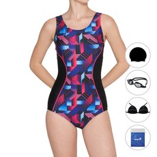 쿠아로 여성용 U백 수영복 + 수모 + 수경 + 브라컵 + 비닐백 세트 ILF143S