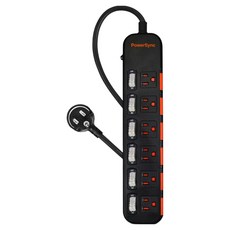 PowerSync 群加 6開6插安全防塵防雷擊延長線 3孔 TPS356DN0018, 1.8m, 黑色, 1條