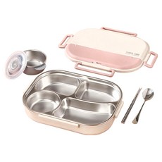 Homely Zakka 可微波超大容量不鏽鋼分隔保溫便當盒 4格 附餐具/湯碗, 1個, 北歐粉