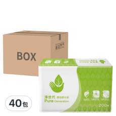 淨世代環保擦手紙, 200抽x20包/箱, 100%回收紙漿製成, 200張, 40包