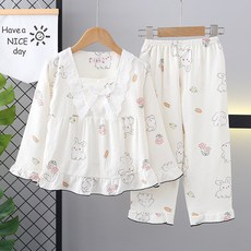 우주아이 여아용 저학년 래빗 레이스 프릴 잠옷 상의 + 하의 세트
