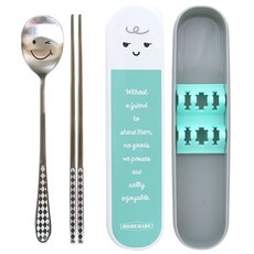 表情圖案不銹鋼餐具組, 勺子+筷子+盒子+支架, 薄荷
