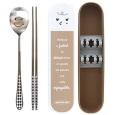 表情圖案不銹鋼餐具組, 勺子+筷子+盒子+支架, 摩卡
