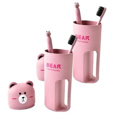 더자카 파스텔 곰돌이 칫솔 케이스 + 칫솔 2p, 粉色, 2組